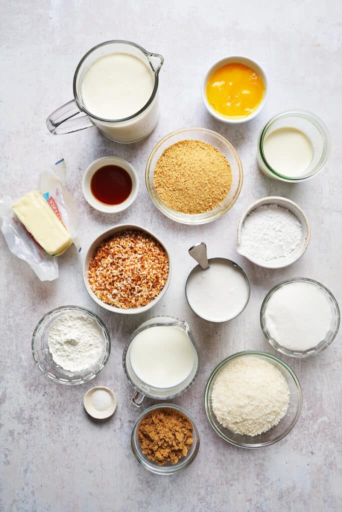 Ingredients for coconut cream pie on a large table.