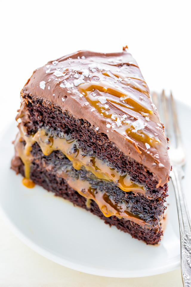 Three layers of Salted Caramel Chocolate Cake slathered in homemade Salted Caramel Chocolate Frosting. So decadent!