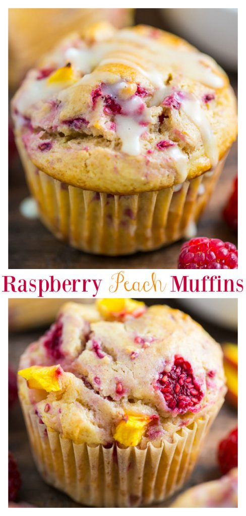 Sweet and fruity Raspberry Peach Muffins! Theses soft muffins are loaded with fresh peaches and juicy raspberries.Perfect for breakfast!