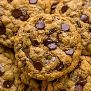 Oatmeal chocolate chips cookies in a stack.