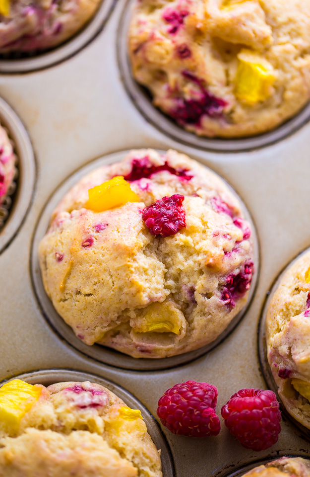 Sweet and fruity Raspberry Peach Muffins! My favorite Summer breakfast!