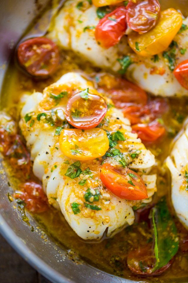 Pan-Seared Cod in White Wine Tomato Basil Sauce - Baker by 