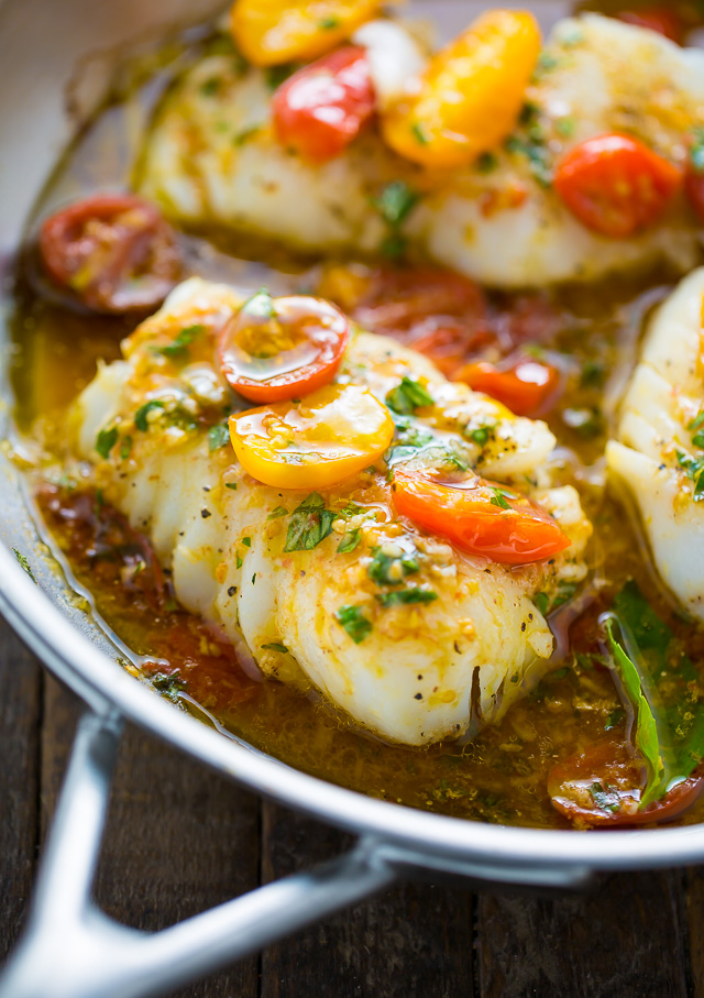 A quick and easy recipe for Pan-Seared Cod in White Wine Tomato Basil Sauce!