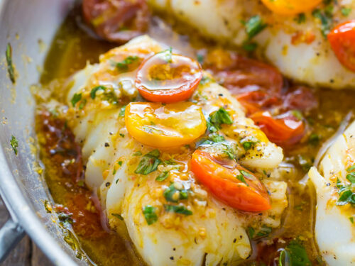 Pan Seared Cod in White Wine Tomato Basil Sauce