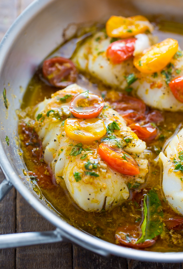 A quick and easy recipe for Pan-Seared Cod in White Wine Tomato Basil Sauce!