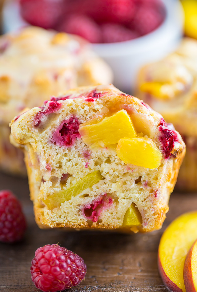 Sweet and fruity Raspberry Peach Muffins! My favorite Summer breakfast!
