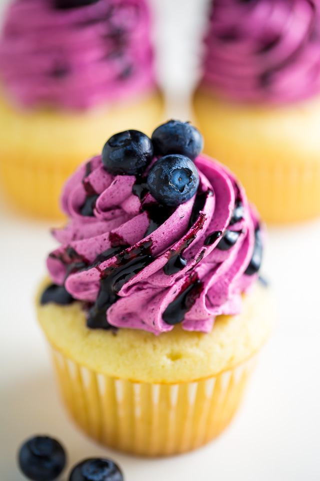 Lemon Cupcakes with Fresh Blueberry Buttercream - Baker by Nature