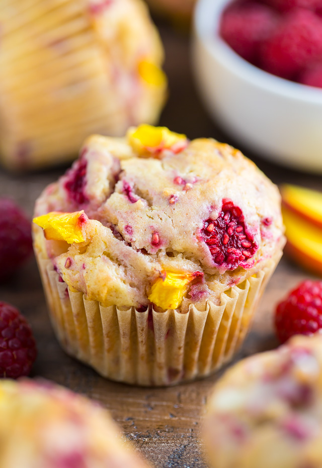 Sweet and fruity Raspberry Peach Muffins! My favorite Summer breakfast!