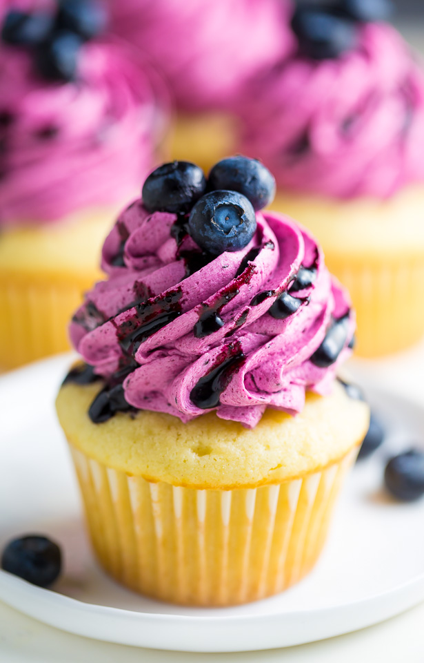 Lemon Cupcakes with Fresh Blueberry Buttercream - Baker by Nature