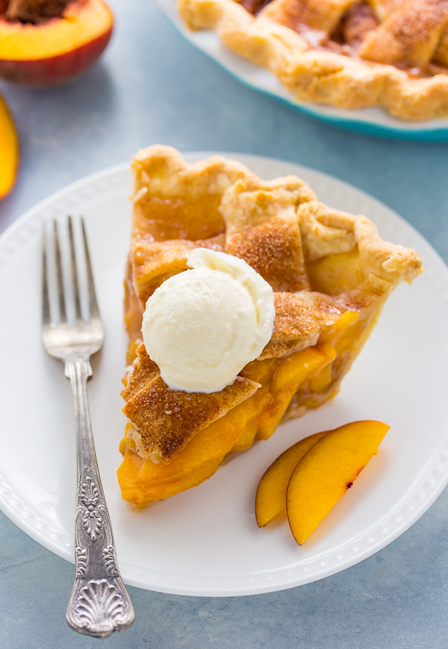 Peach Pie with ice cream on top. 