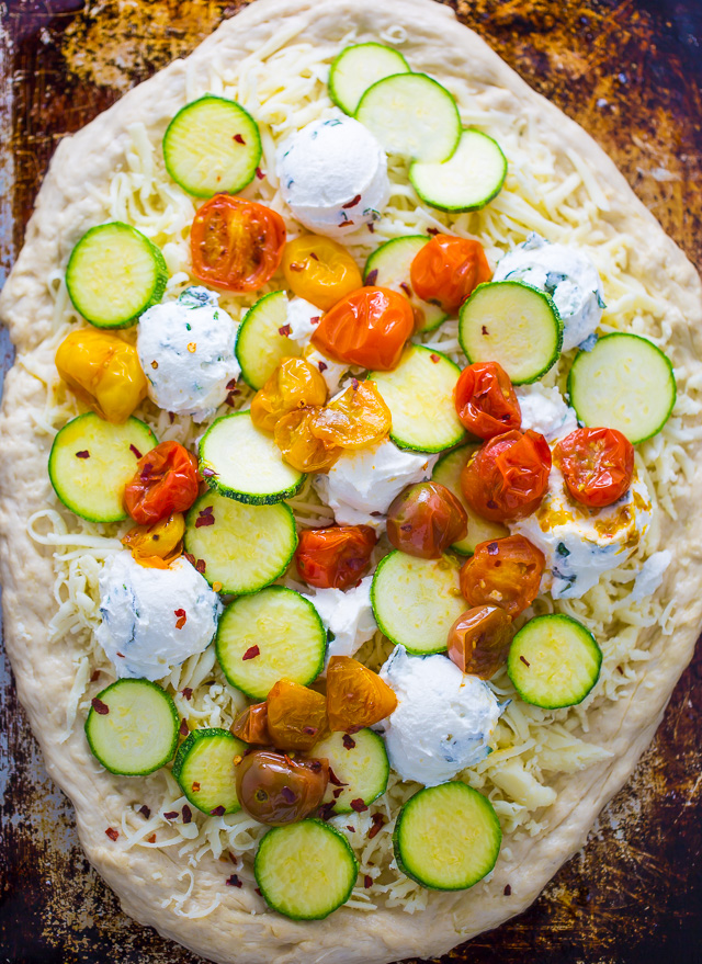 My favorite White Pizza with tomatoes, basil, and zucchini! AKA the PERFECT Summer meal.