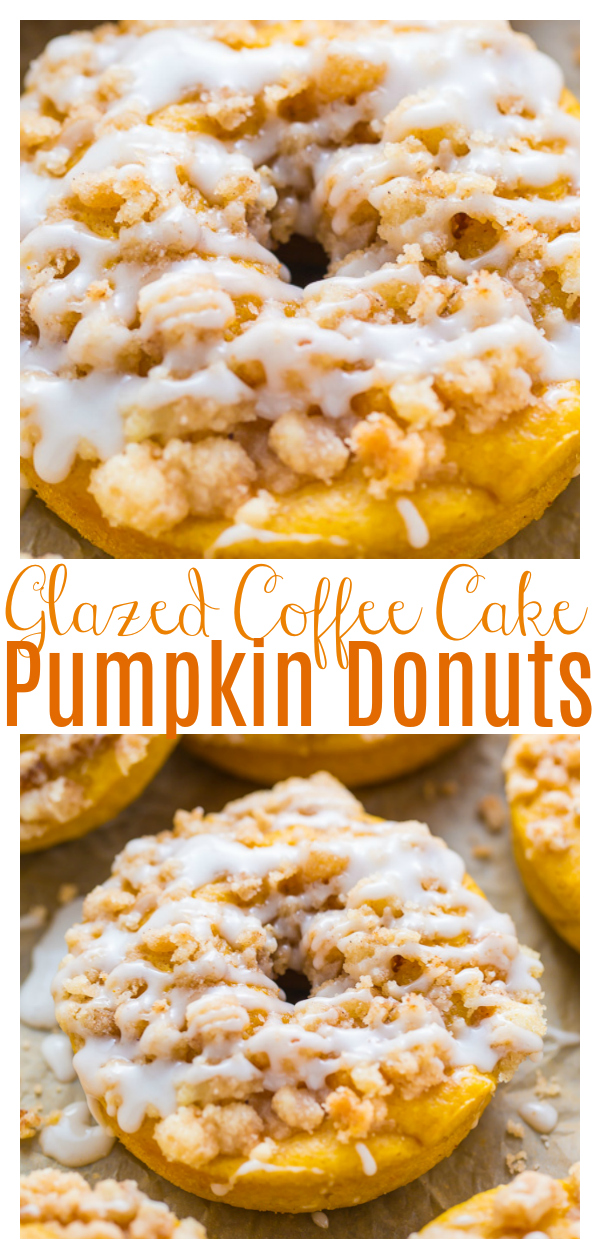 Pumpkin Coffee Cake Donuts are the ultimate Fall treat! Baked, not fried, and ready in less than 30 minutes. If you love pumpkin, you have to try these baked donuts! 