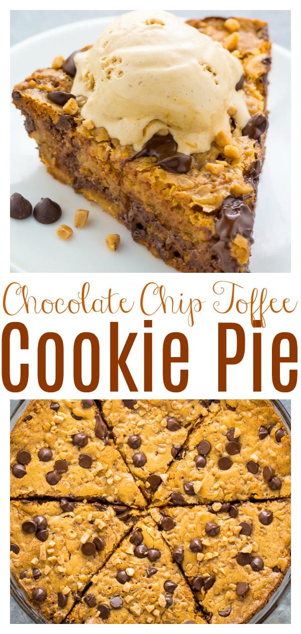 This Toffee Chocolate Chip Cookie Pie is thick, chewy, and just begging to be served with a scoop of ice cream!