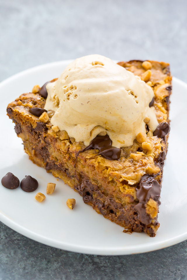 This Toffee Chocolate Chip Cookie Pie is thick, chewy, and just begging to be served with a scoop of ice cream!