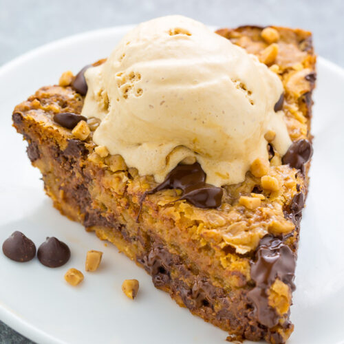 This Toffee Chocolate Chip Cookie Pie is thick, chewy, and just begging to be served with a scoop of ice cream!