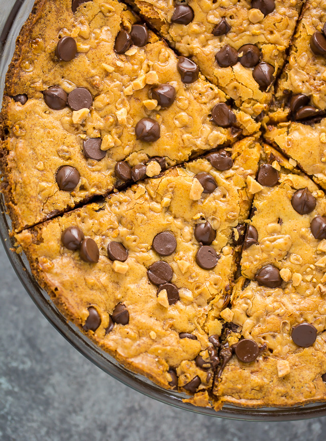 This Toffee Chocolate Chip Cookie Pie is thick, chewy, and just begging to be served with a scoop of ice cream!