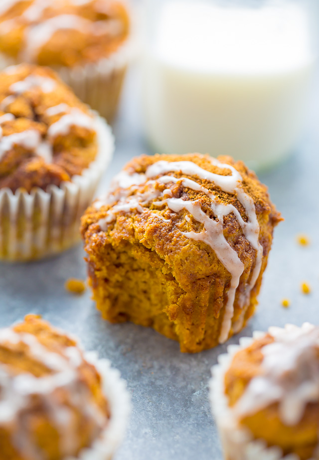 Sweet and simple Glazed Pumpkin Donut Muffins! Made with healthier ingredients so you can enjoy them guilt free. #vegan 