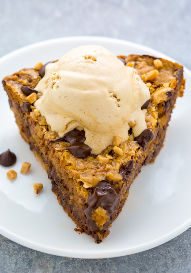 This Toffee Chocolate Chip Cookie Pie is thick, chewy, and just begging to be served with a scoop of ice cream!