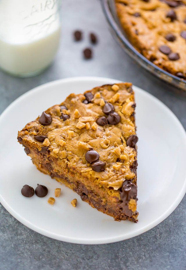 This Toffee Chocolate Chip Cookie Pie is thick, chewy, and just begging to be served with a scoop of ice cream!