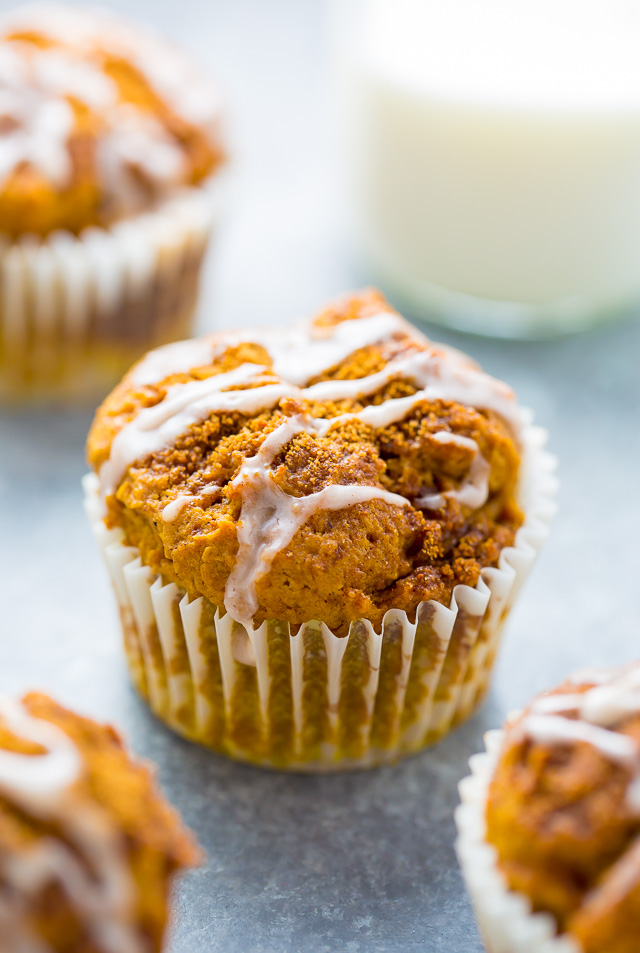 Sweet and simple Glazed Pumpkin Donut Muffins! Made with healthier ingredients so you can enjoy them guilt free. #vegan 
