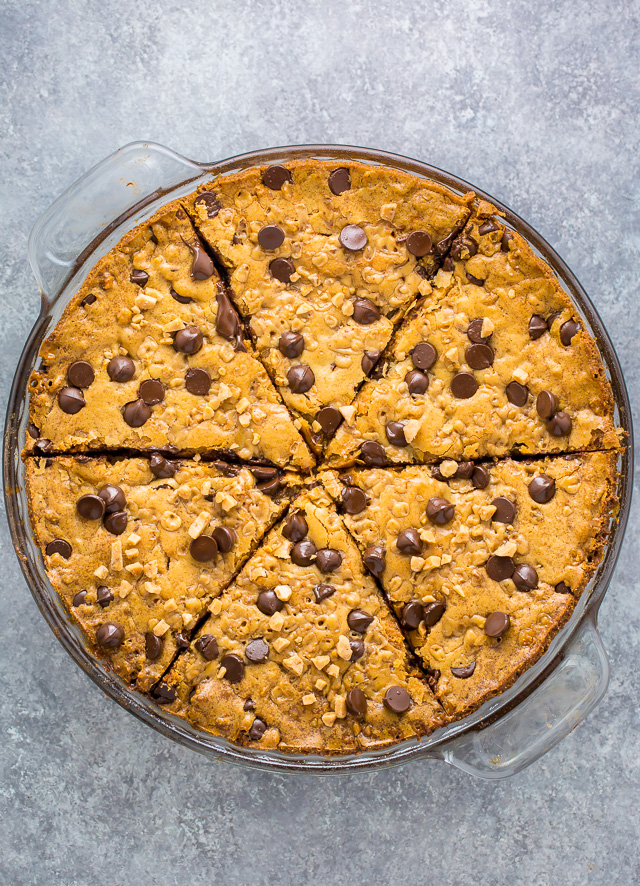 This Toffee Chocolate Chip Cookie Pie is thick, chewy, and just begging to be served with a scoop of ice cream!