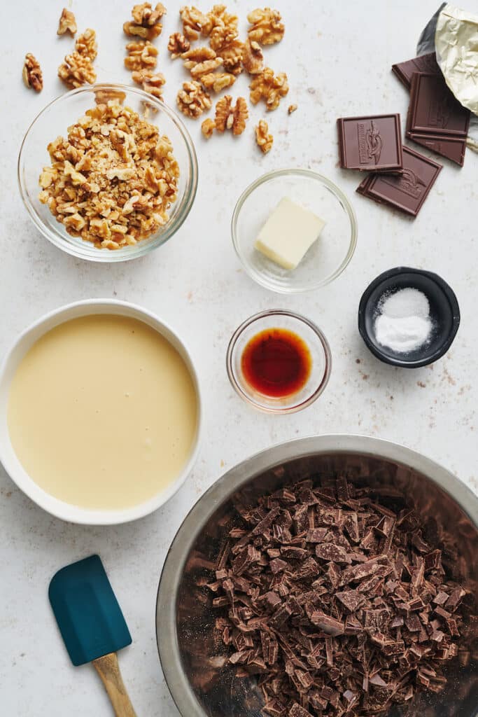 Ingredients for chocolate fudge on table.