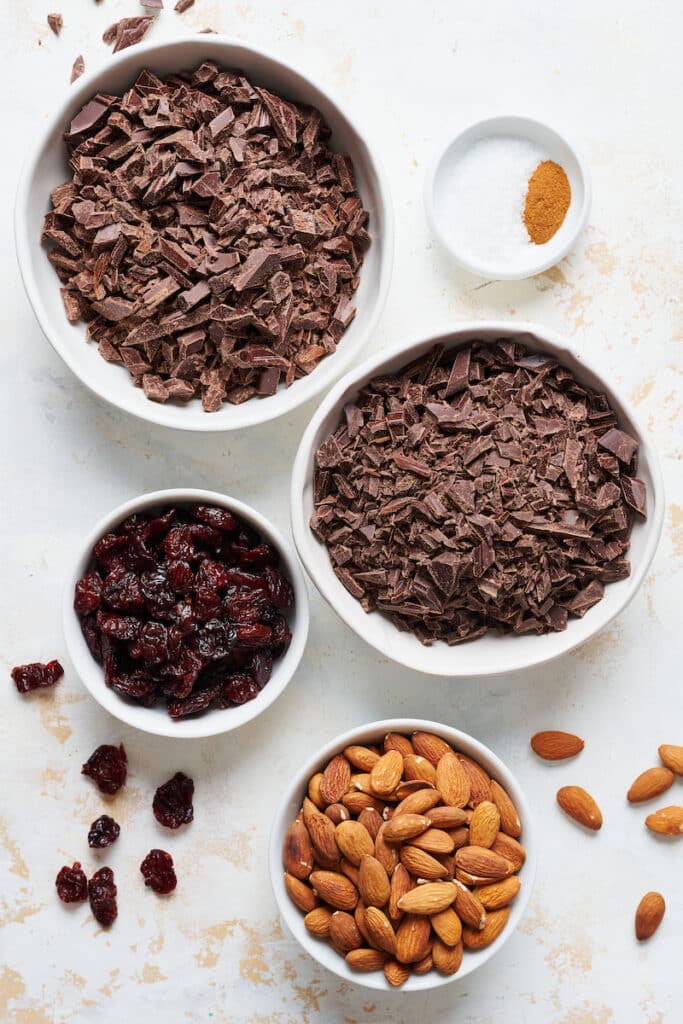 Ingredients for chocolate bark on a table. 