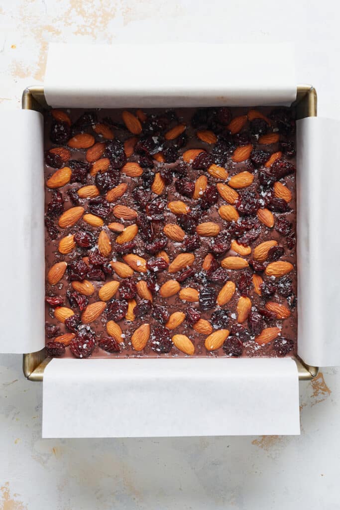 Chocolate bark in a baking sheet. 