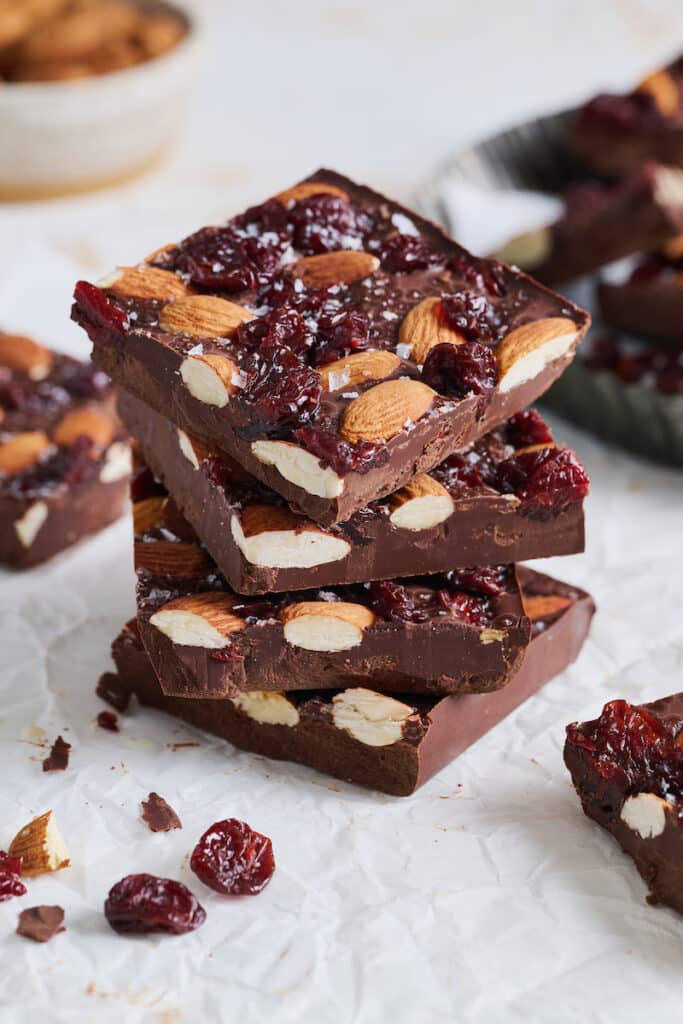 stack of chocolate bark pieces on a table.