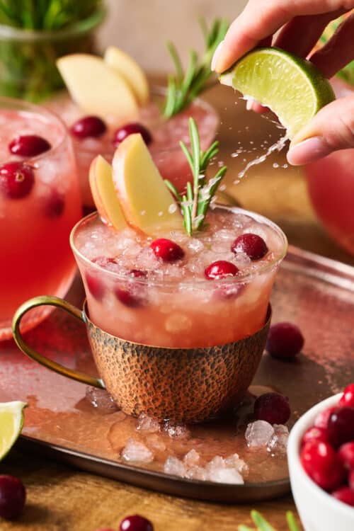 A cold copper mug filled with cranberry Moscow mules.