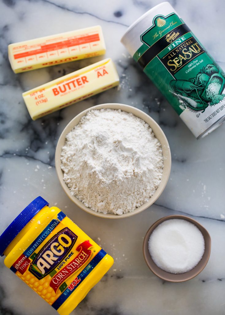 Foolproof All Butter Pie Crust ingredients on a marble table.