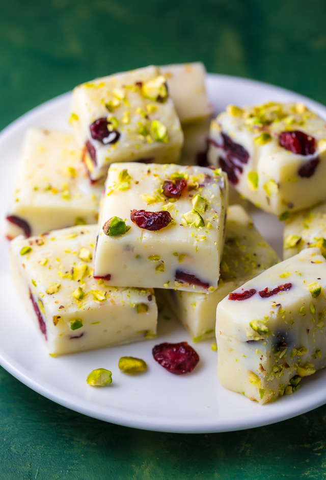 A super easy 6-ingredient recipe for White Chocolate Cranberry Pistachio Fudge!