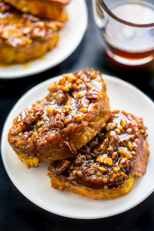 Incredibly EASY Overnight Pecan Pie French Toast! Perfect for holiday brunch. Get the recipe on BakerbyNature.com