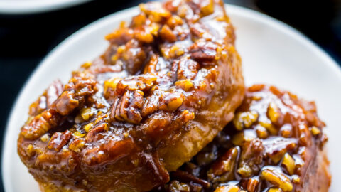 Incredibly EASY Overnight Pecan Pie French Toast! Perfect for holiday brunch. Get the recipe on BakerbyNature.com