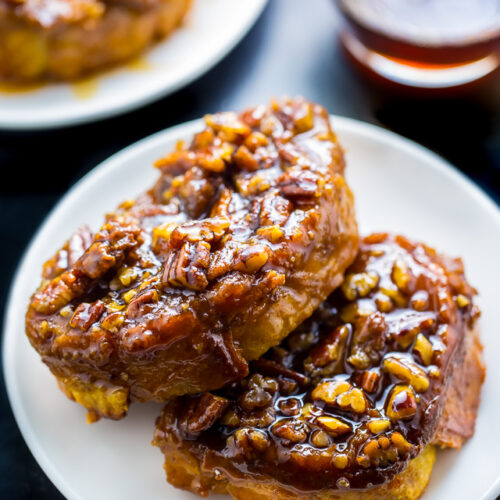 Incredibly EASY Overnight Pecan Pie French Toast! Perfect for holiday brunch. Get the recipe on BakerbyNature.com