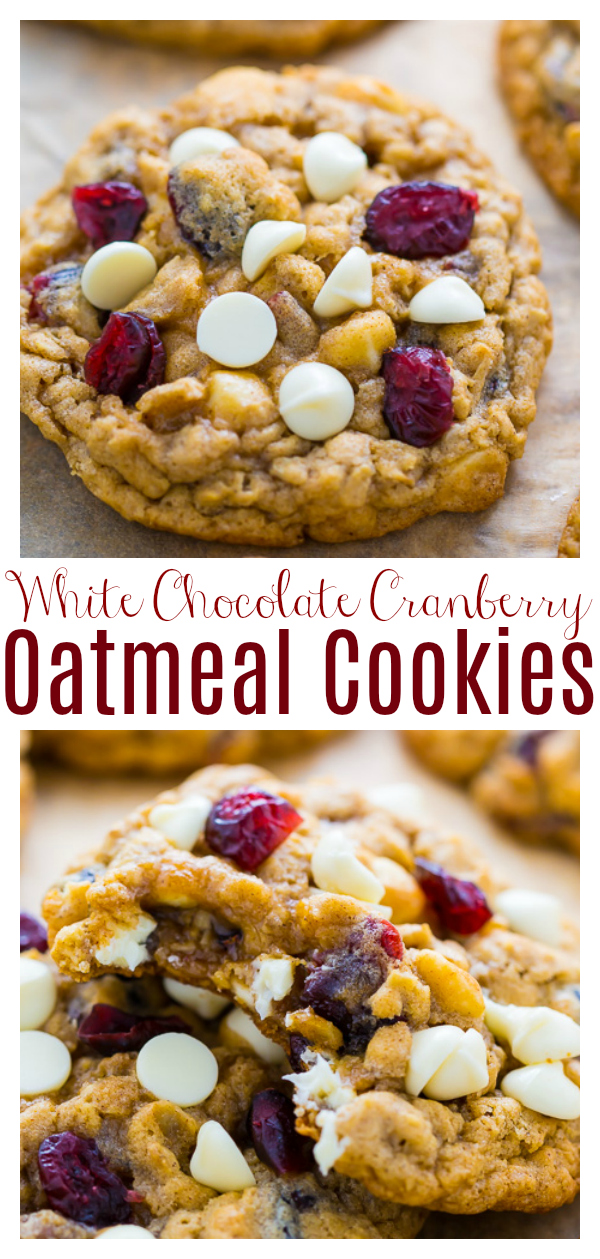 Chewy White Chocolate Cranberry Oatmeal Cookies are super easy and perfect for the holidays! Loaded with old-fashioned rolled oats, craisins, and plenty of white chocolate chips, these cookies have an incredible taste and texture. No chilling required!