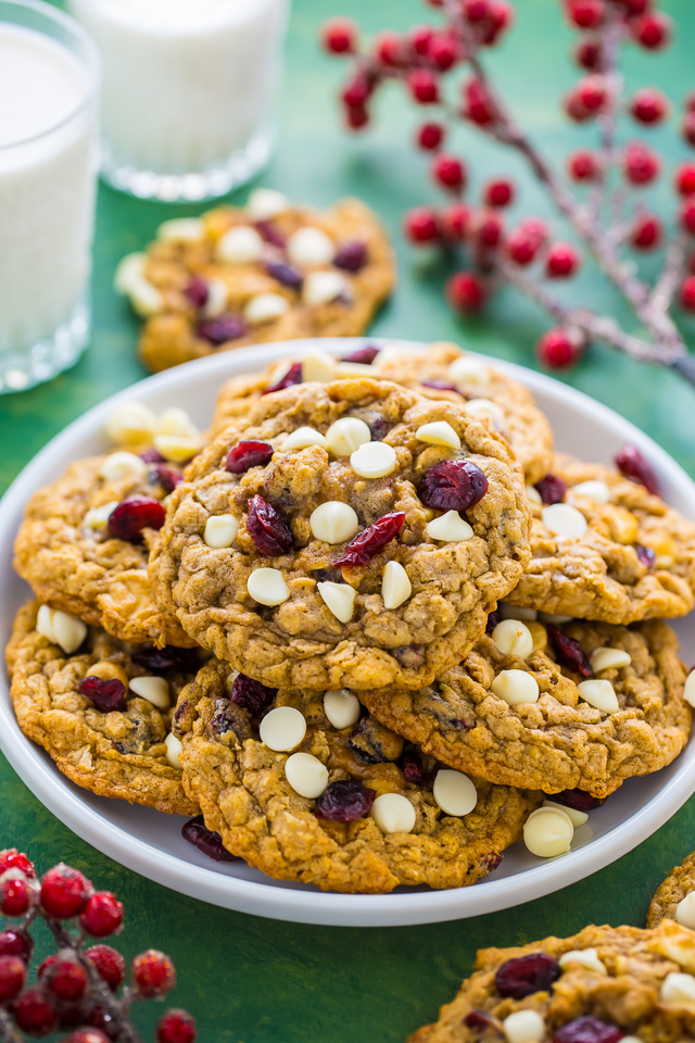 Chewy White Chocolate Cranberry Oatmeal Cookies! Perfect for Christmas baking.