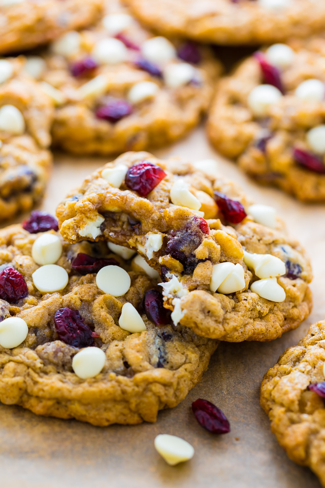 Chewy White Chocolate Cranberry Oatmeal Cookies! Perfect for Christmas baking.