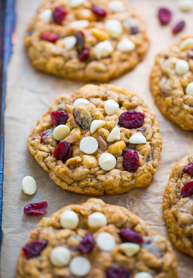 Chewy White Chocolate Cranberry Oatmeal Cookies! Perfect for Christmas baking.