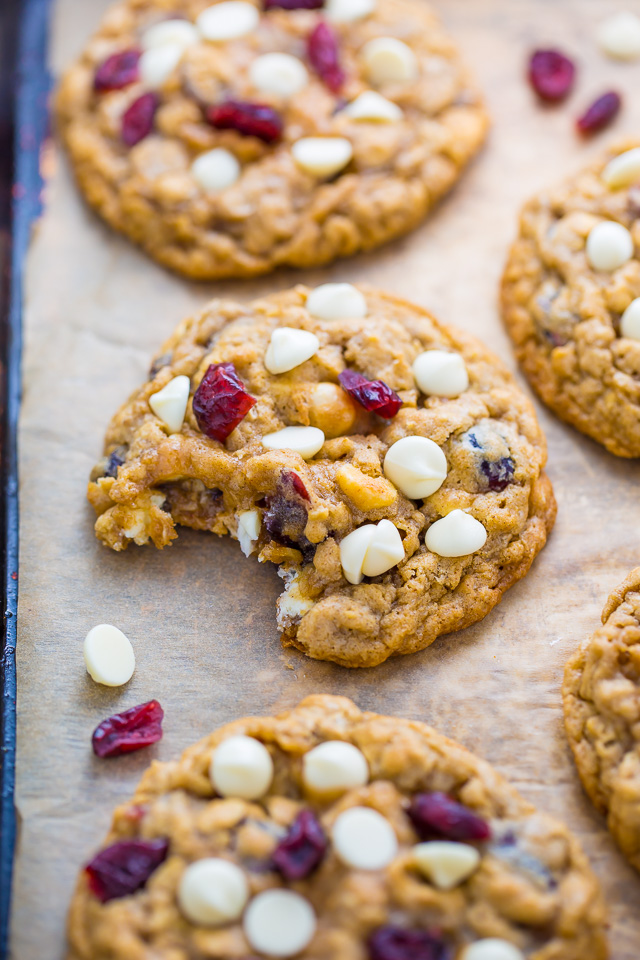 Chewy White Chocolate Cranberry Oatmeal Cookies! Perfect for Christmas baking.