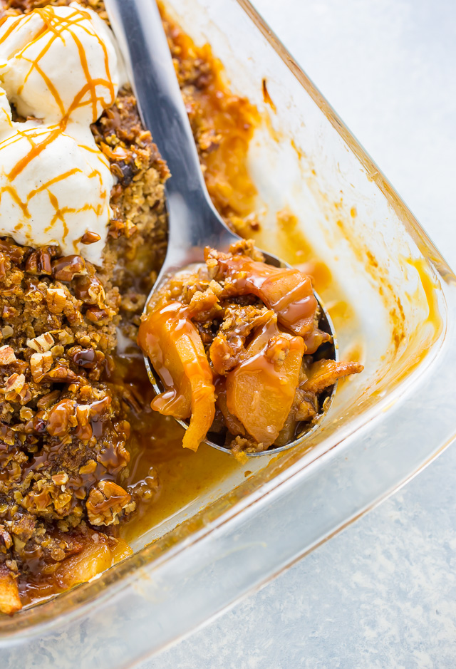 An easy recipe for Salted Caramel Apple Crisp. So good with a scoop of ice cream on top!