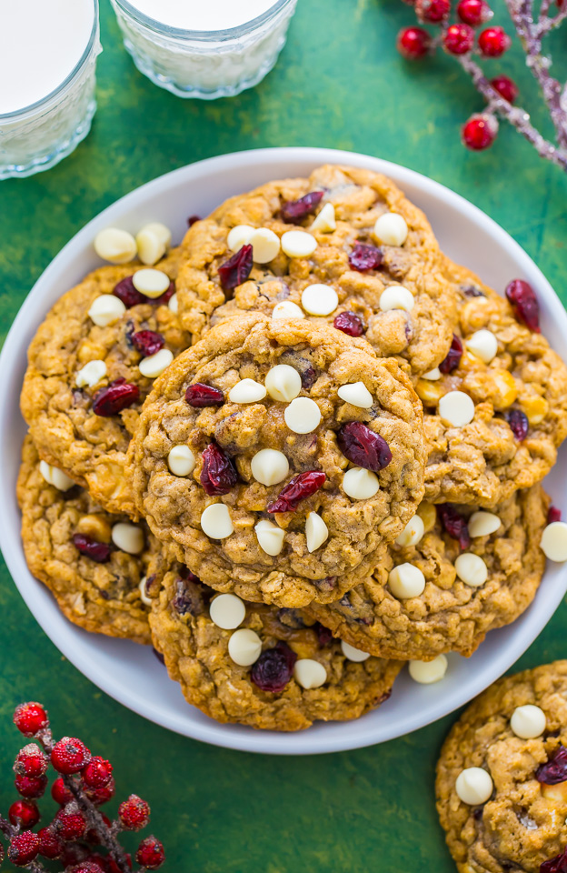 Chewy White Chocolate Cranberry Oatmeal Cookies! Perfect for Christmas baking.