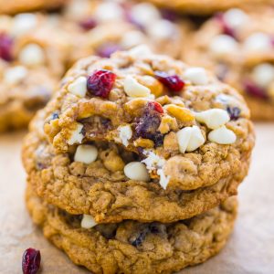 Chewy White Chocolate Cranberry Oatmeal Cookies! Perfect for Christmas baking.