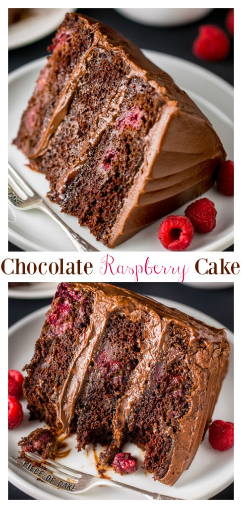 This Triple Layer Chocolate Raspberry Cake is a SHOWSTOPPER! This recipe features three layers of moist raspberry chocolate cake, raspberry preserves, and rich chocolate frosting. Top with fresh raspberries for an extra lovely presentation.