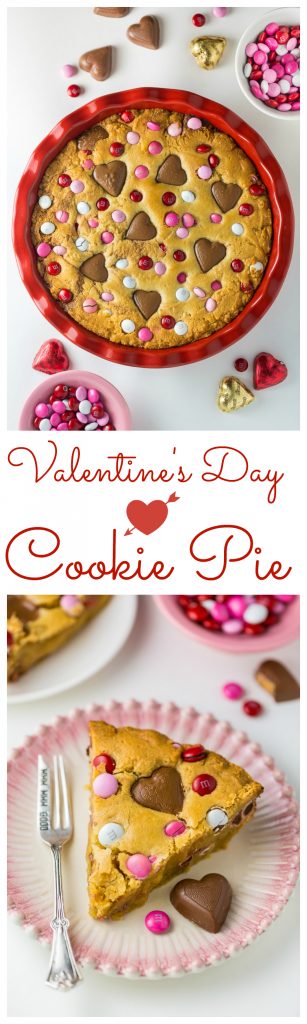 This deep dish Valentine's Day Cookie Pie is loaded with festive M&M's and Heart Shaped Peanut Butter Cups!