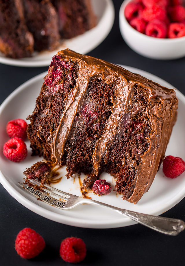 This Triple Layer Chocolate Raspberry Cake is a SHOWSTOPPER! Top with fresh raspberries for an extra lovely presentation.