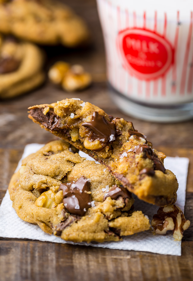 Gooey Brown Butter Walnut Chocolate Chunk Cookies with Sea Salt! These cookies are a powerhouse of FLAVOR.