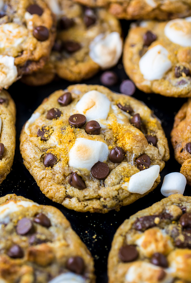 S'mores Chocolate Chip Cookies are thick, chewy, and loaded with so much gooey goodness!