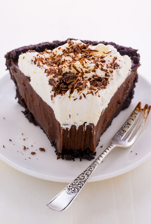 Silky smooth No-Bake Chocolate Cream Pie! This insanely easy recipe can be made ahead of time and frozen for 2 months.