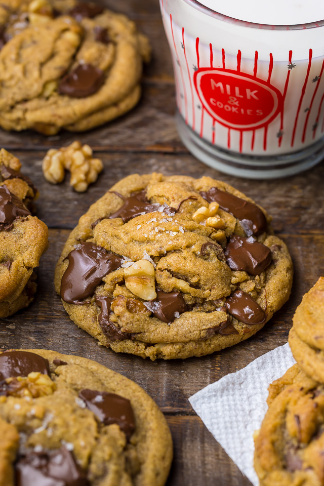 Gooey Brown Butter Walnut Chocolate Chunk Cookies with Sea Salt! These cookies are a powerhouse of FLAVOR.